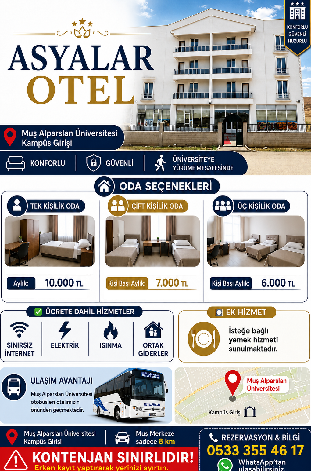 Asyalar Otel oda seçenekleri ve hizmet afişi